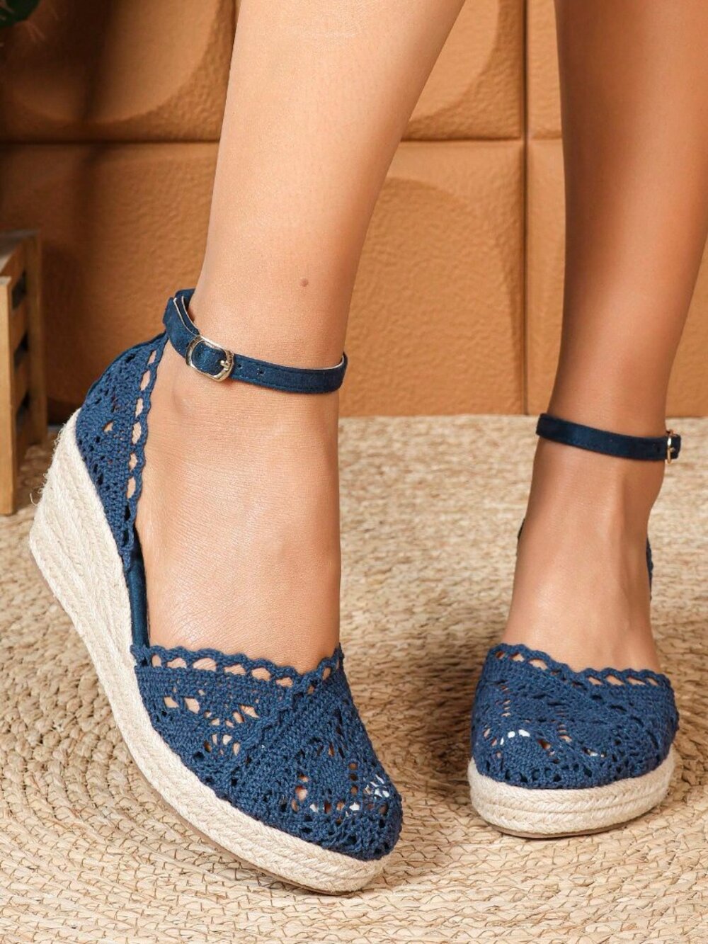 Blue Bohemian Women's Lace Platform Ankle Strap Wedge Heels
